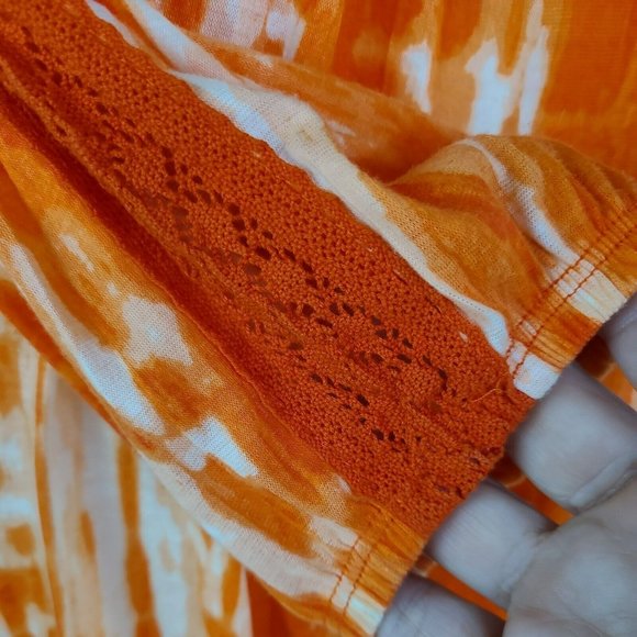 French Laundry Blouse Orange Tie Dye Front Tie Lace Accent Top 3/4 Sleeves Sz SM - Picture 4 of 9
